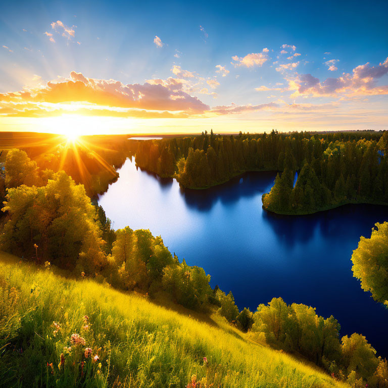Serene lake at sunset with lush forest and sun rays