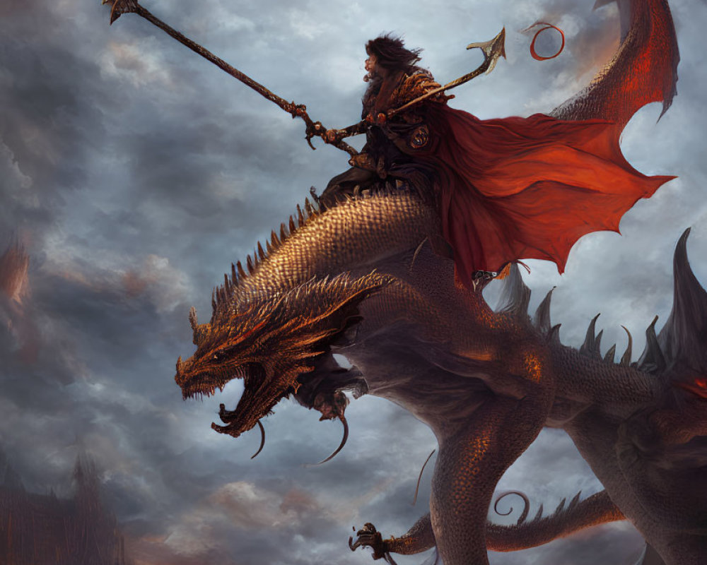 Armored warrior riding dragon in battlefield under moonlit sky