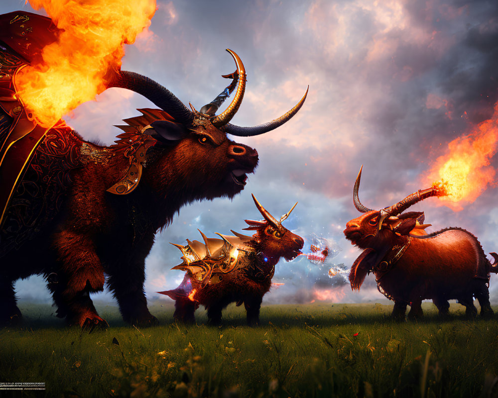 Mystical bison-like creatures in ornate armor on grassy field