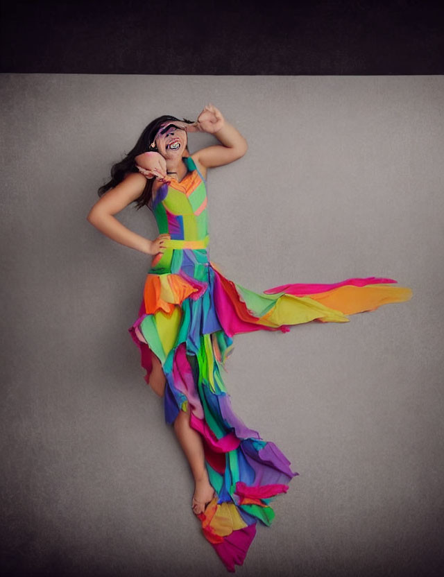 Colorful Dress with Ruffled Skirt and Playful Pose