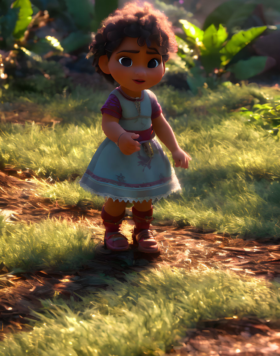 3D animated young girl in sunlit forest with toy and curious expression