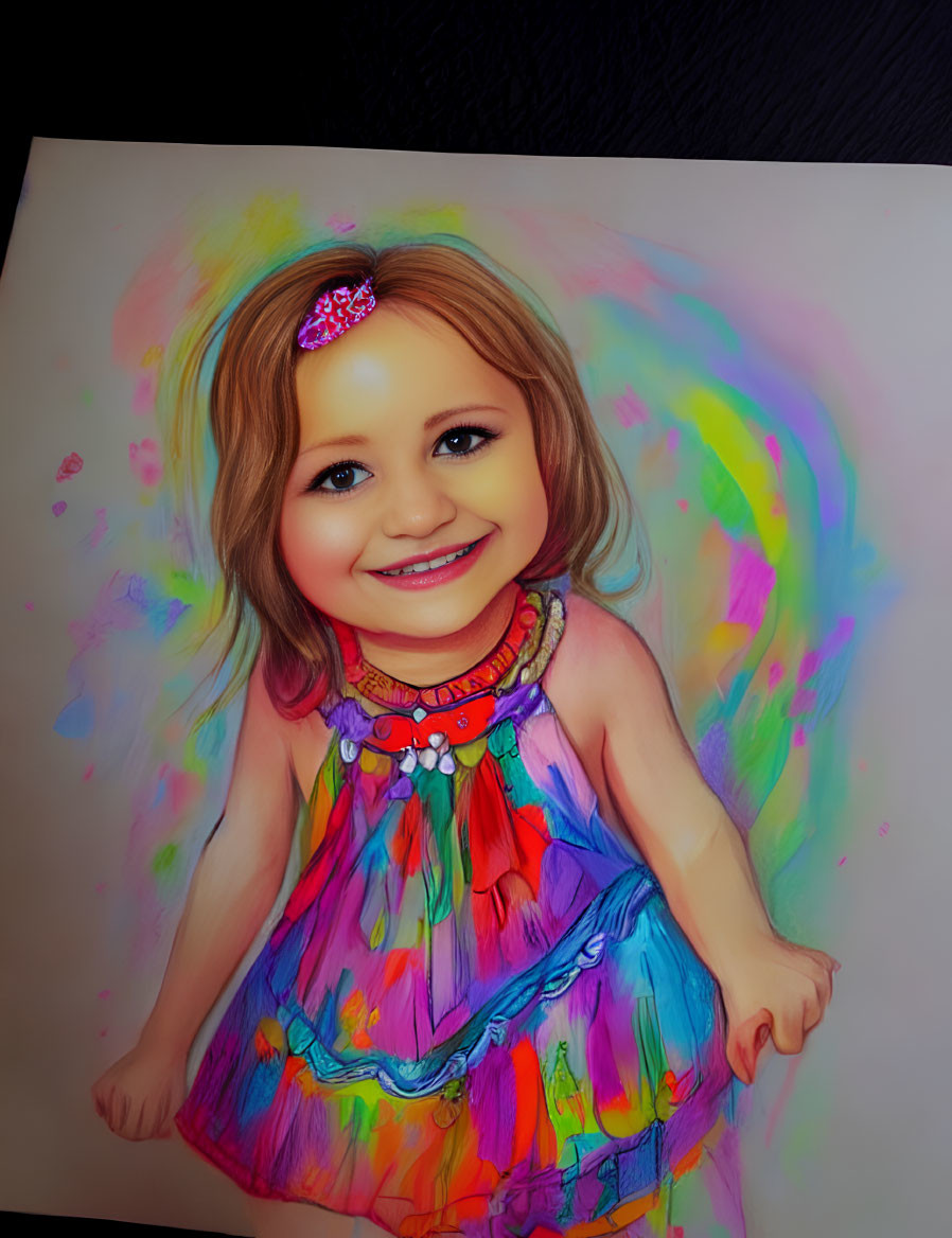 Colorful portrait of smiling girl in vibrant dress against abstract background