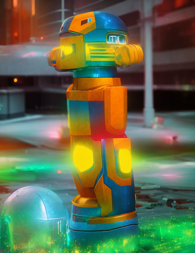 Colorful futuristic robot in neon-lit cityscape