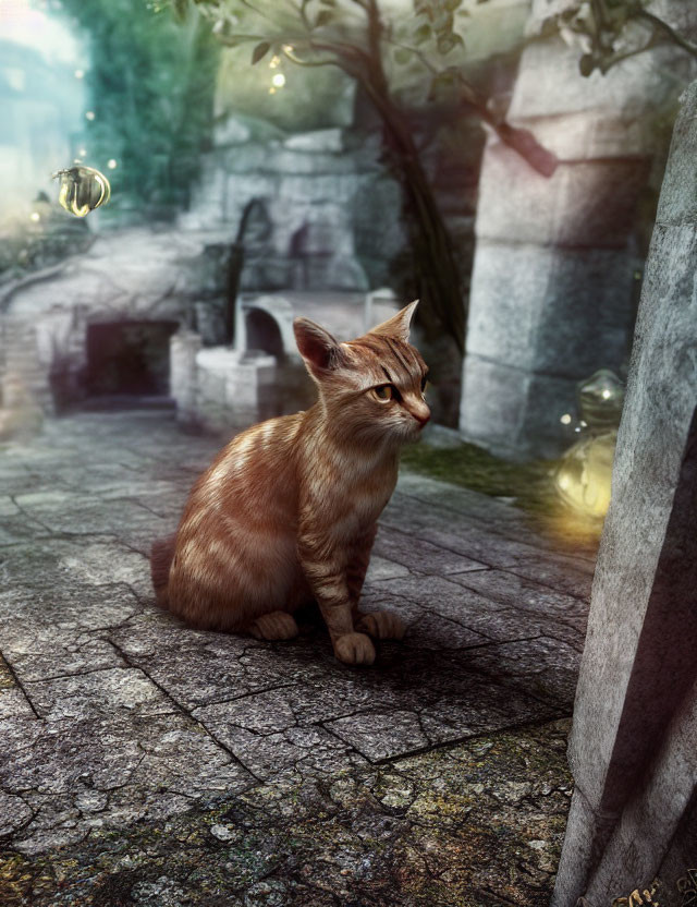 Orange Tabby Cat Sitting Near Stone Ruins with Glowing Orbs and Mysterious Arch