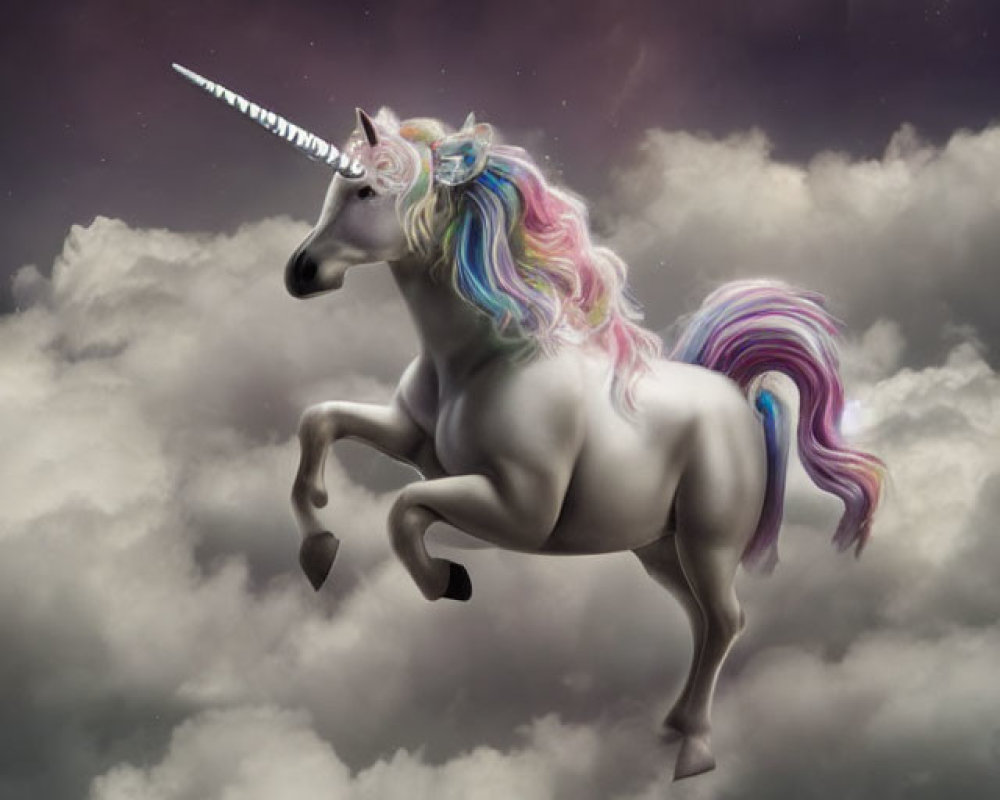 Majestic unicorn with rainbow mane flying in mystical sky