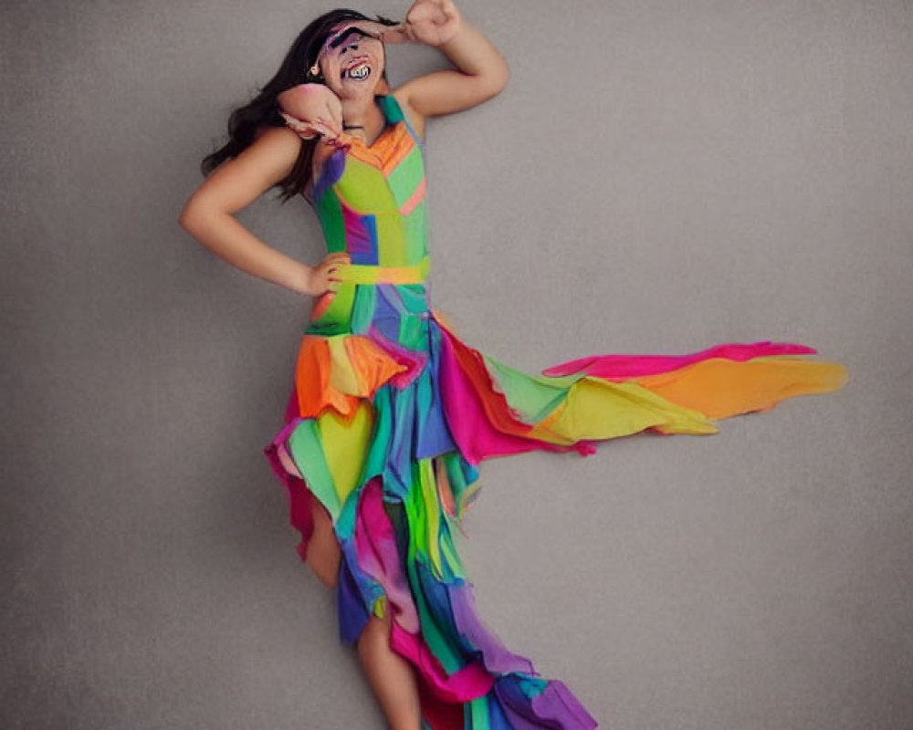 Colorful Dress with Ruffled Skirt and Playful Pose