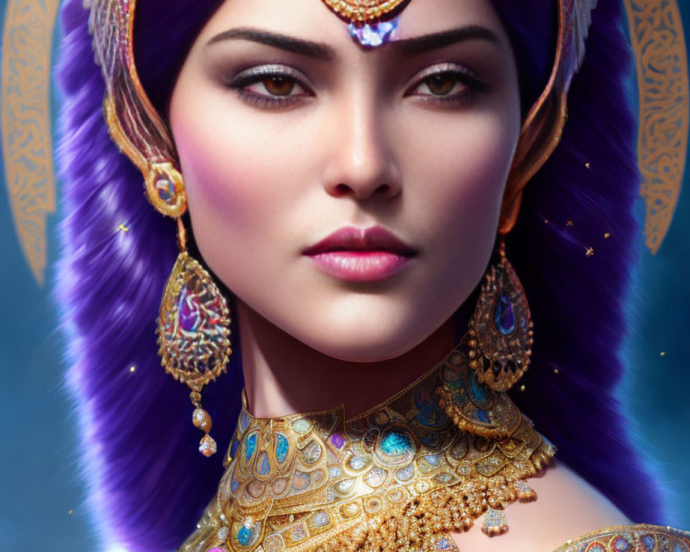 Regal Female Figure with Violet Hair and Gold Jewelry on Blue Background