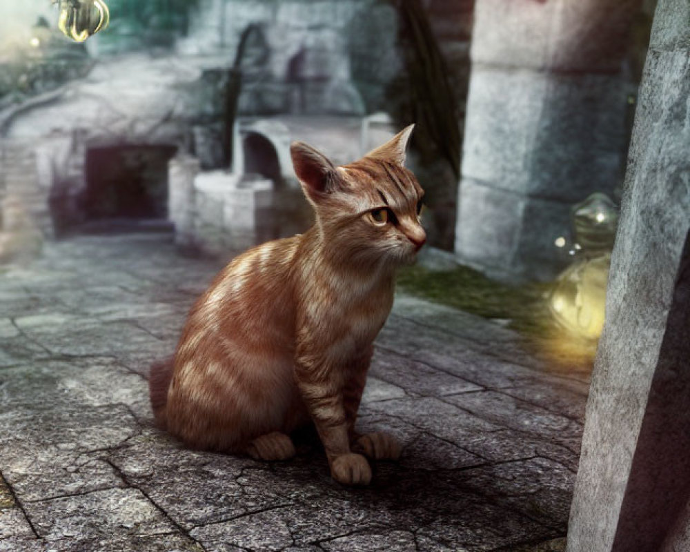 Orange Tabby Cat Sitting Near Stone Ruins with Glowing Orbs and Mysterious Arch