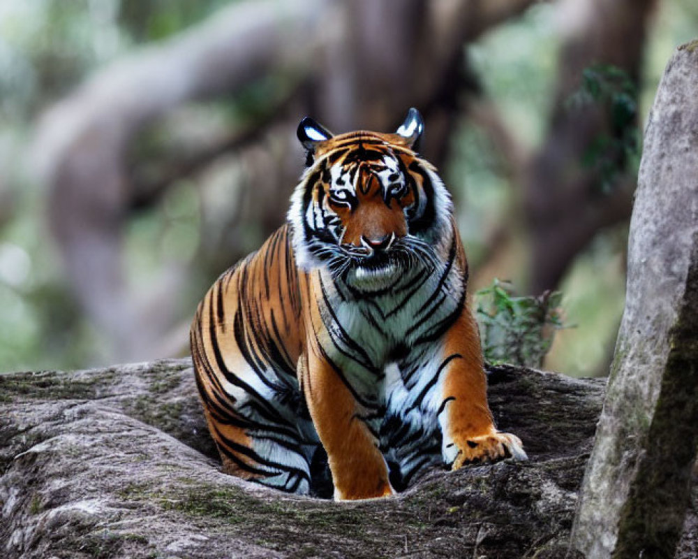 Majestic tiger with striking stripes in forested setting