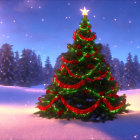 Festive Christmas tree with lights, star topper, snow-covered scenery, and reindeer at