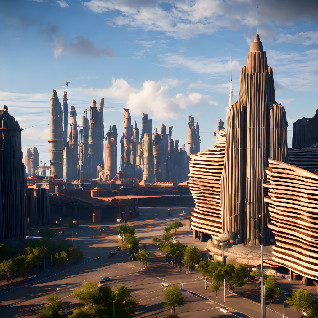 Futuristic cityscape at sunset: towering skyscrapers, curved buildings, wide streets