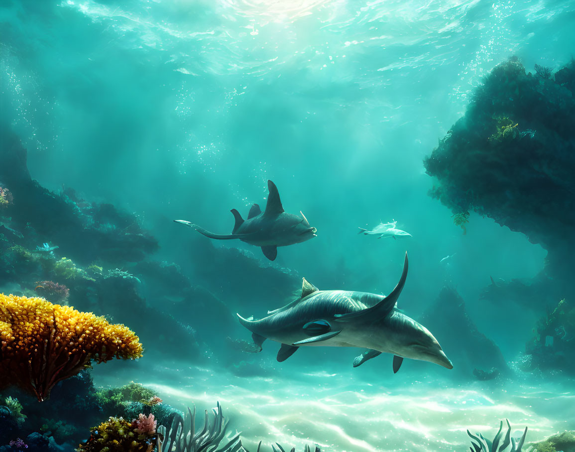 Vibrant underwater scene: Sharks, coral reefs, sunlight rays