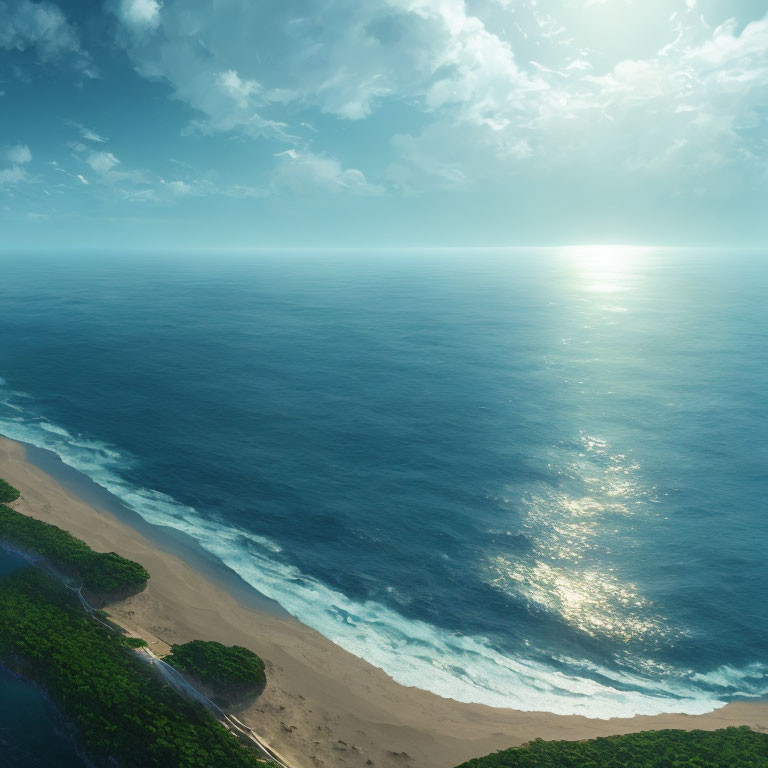 Tranquil coastal landscape with sunlit ocean, forest, and sandy beach