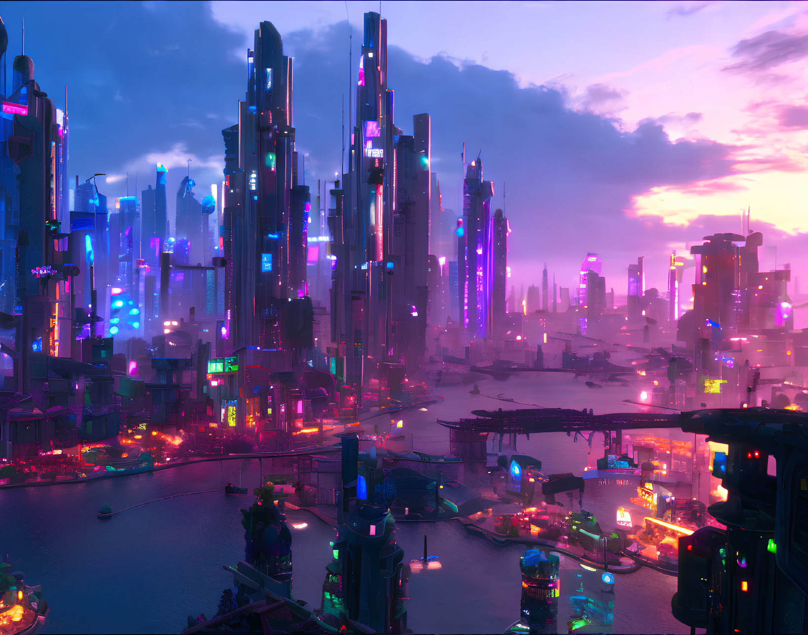 Futuristic cityscape with neon-lit skyscrapers at dusk