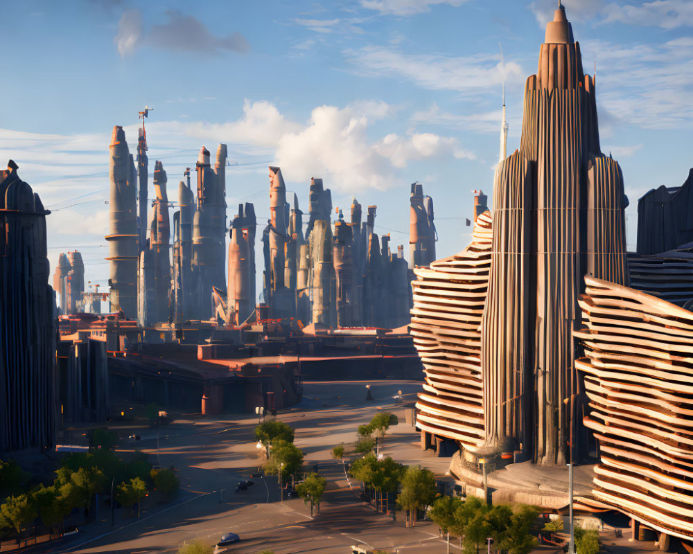 Futuristic cityscape at sunset: towering skyscrapers, curved buildings, wide streets