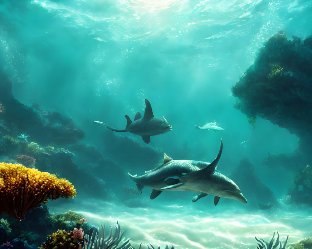 Vibrant underwater scene: Sharks, coral reefs, sunlight rays