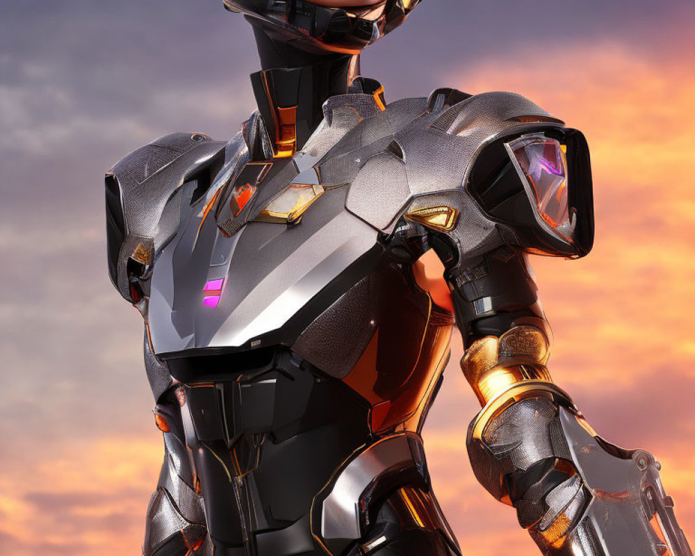 Futuristic Female Android in Black and Gold Armor at Sunset