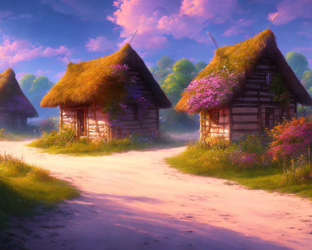Thatched-Roof Cottages Among Blooming Flowers at Sunrise or Sunset