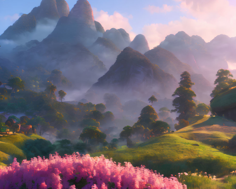 Scenic landscape with purple flowers, rolling hills, and misty mountains at sunrise