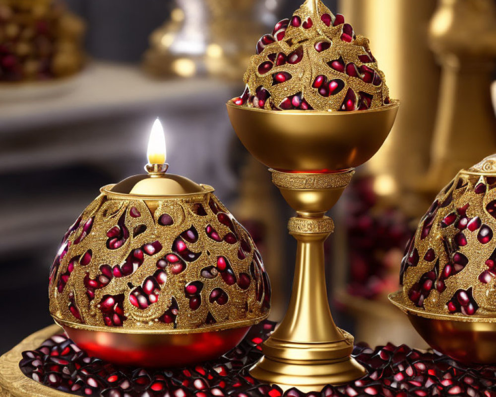 Golden candle holder with lit candle and red accents on luxurious backdrop