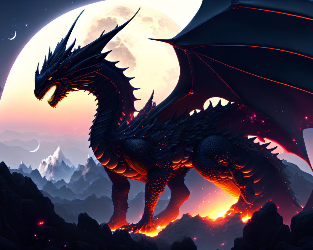 Black Dragon on Craggy Rocks with Full Moon and Red Underbelly