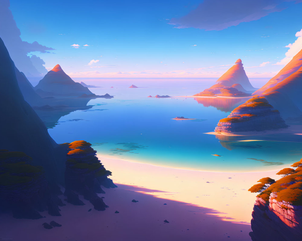 Tranquil digital artwork: serene beachscape, towering cliffs, calm ocean, clear sunset sky