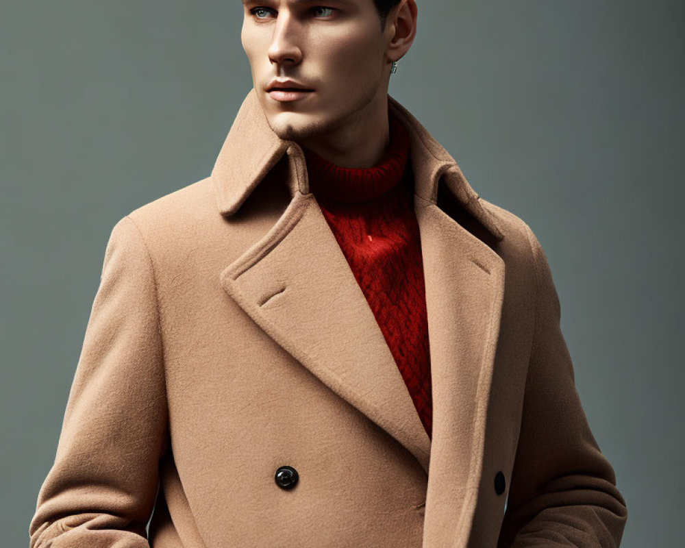 Fashionable man in camel peacoat and red turtleneck against grey backdrop