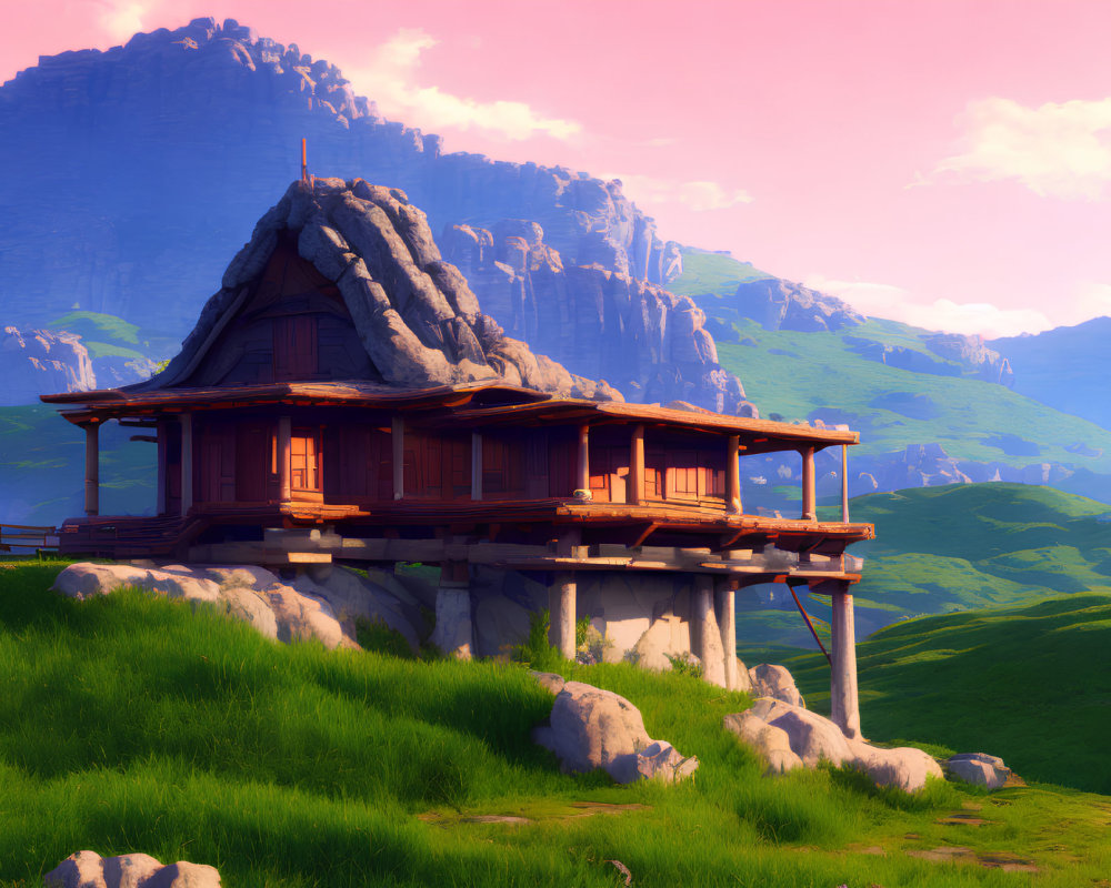 Traditional wooden house on rocky outcrop in lush green hills under pink sky