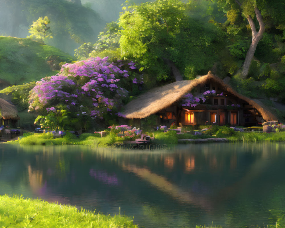 Tranquil Lakeside Scene with Thatched-Roof Cottages and Purple Flowers