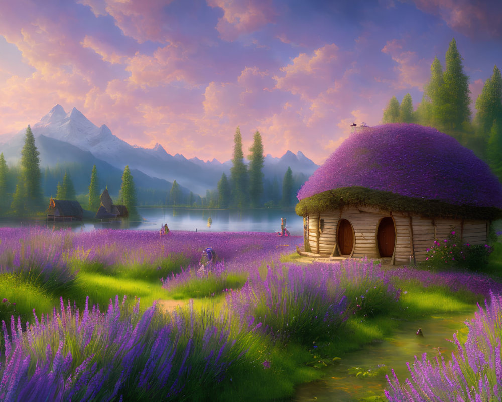 Tranquil lake, lavender fields, thatched-roof cottage: scenic sunset landscape