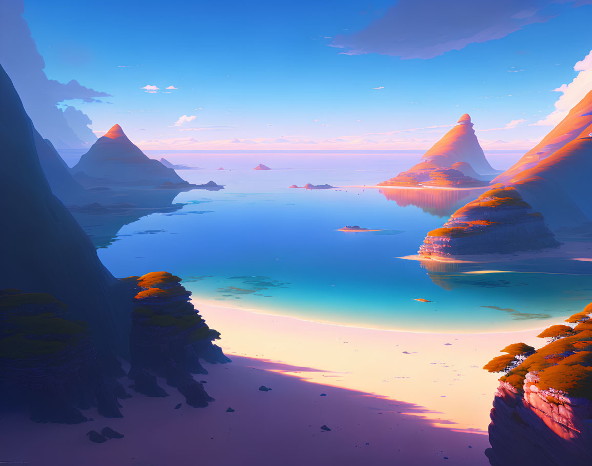 Tranquil digital artwork: serene beachscape, towering cliffs, calm ocean, clear sunset sky