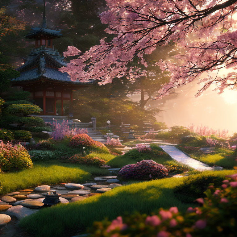 Tranquil Japanese garden with pagoda, cherry blossoms, and stone path