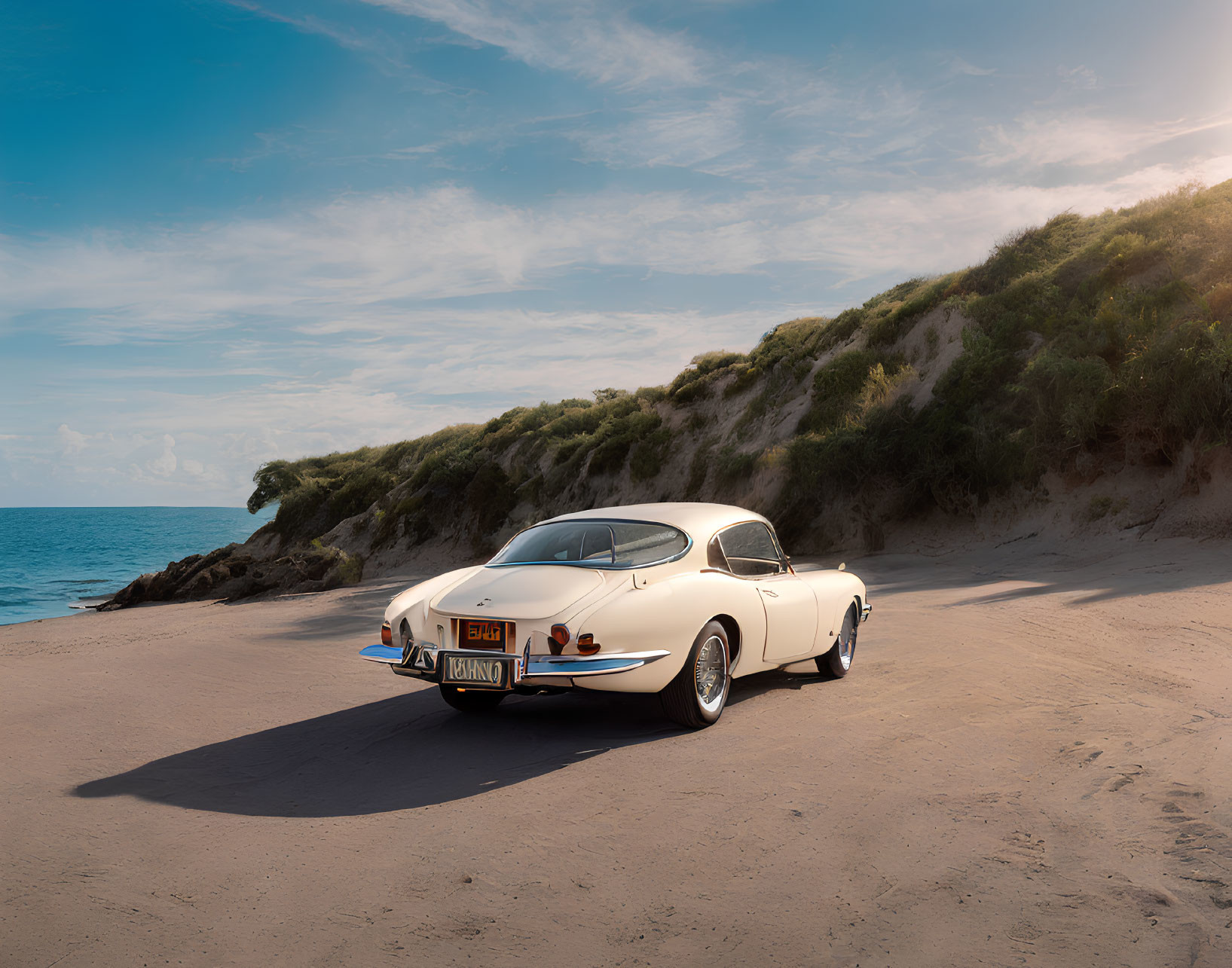 Vintage White Sports Car on Sandy Beach with Blue Sky & Sea