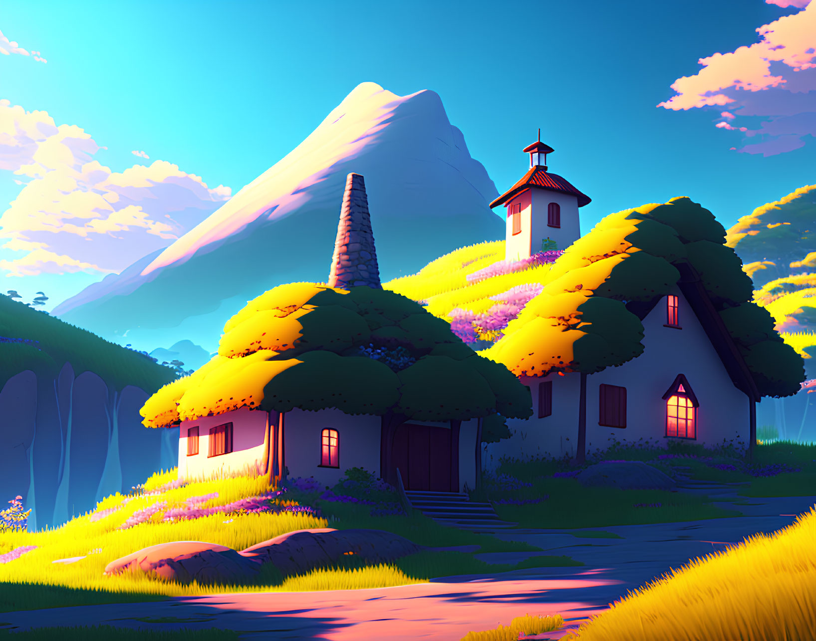 Whimsical landscape with cozy houses and mountain under clear sky