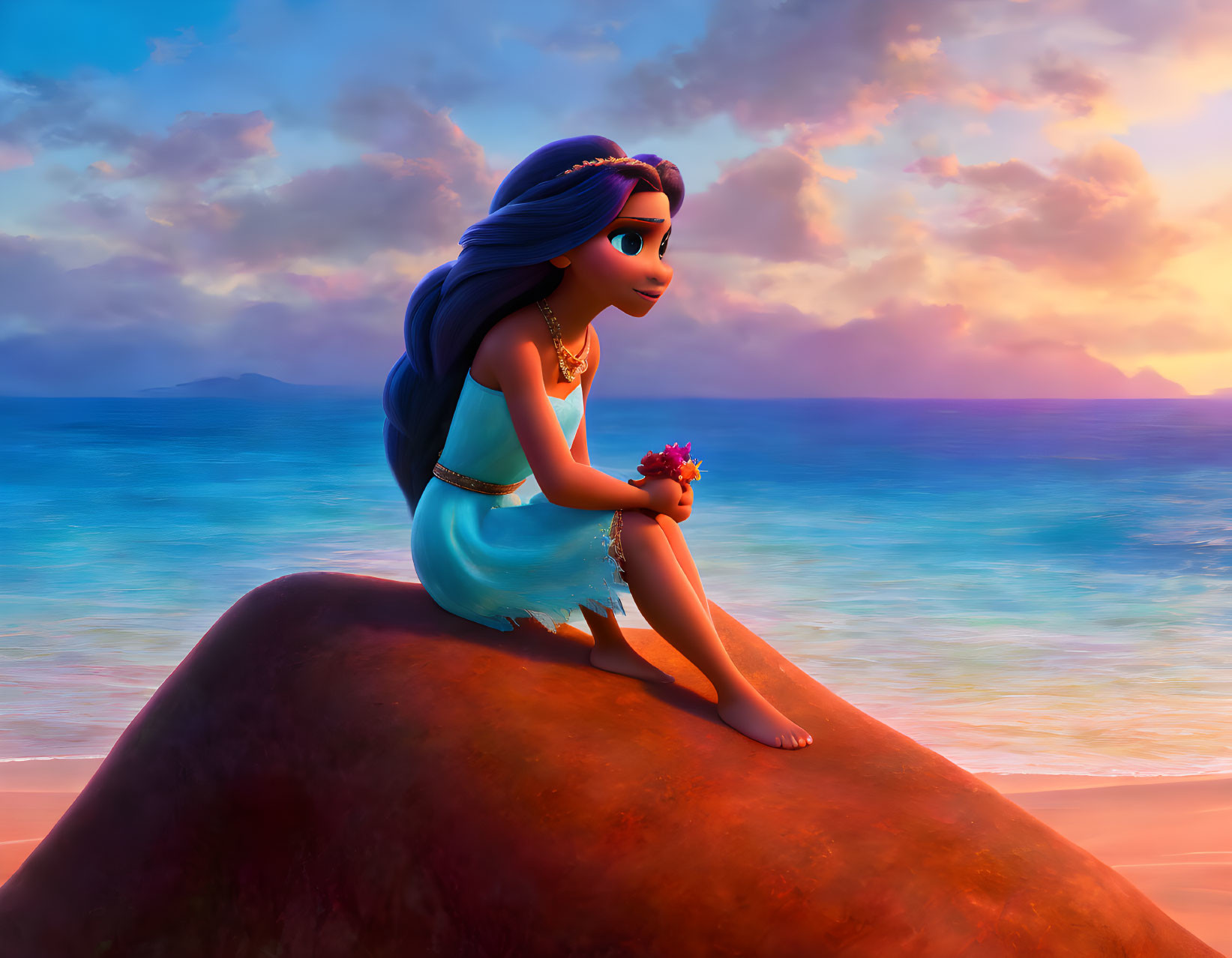 Young girl on ocean rock at sunset holding flower, with pensive look