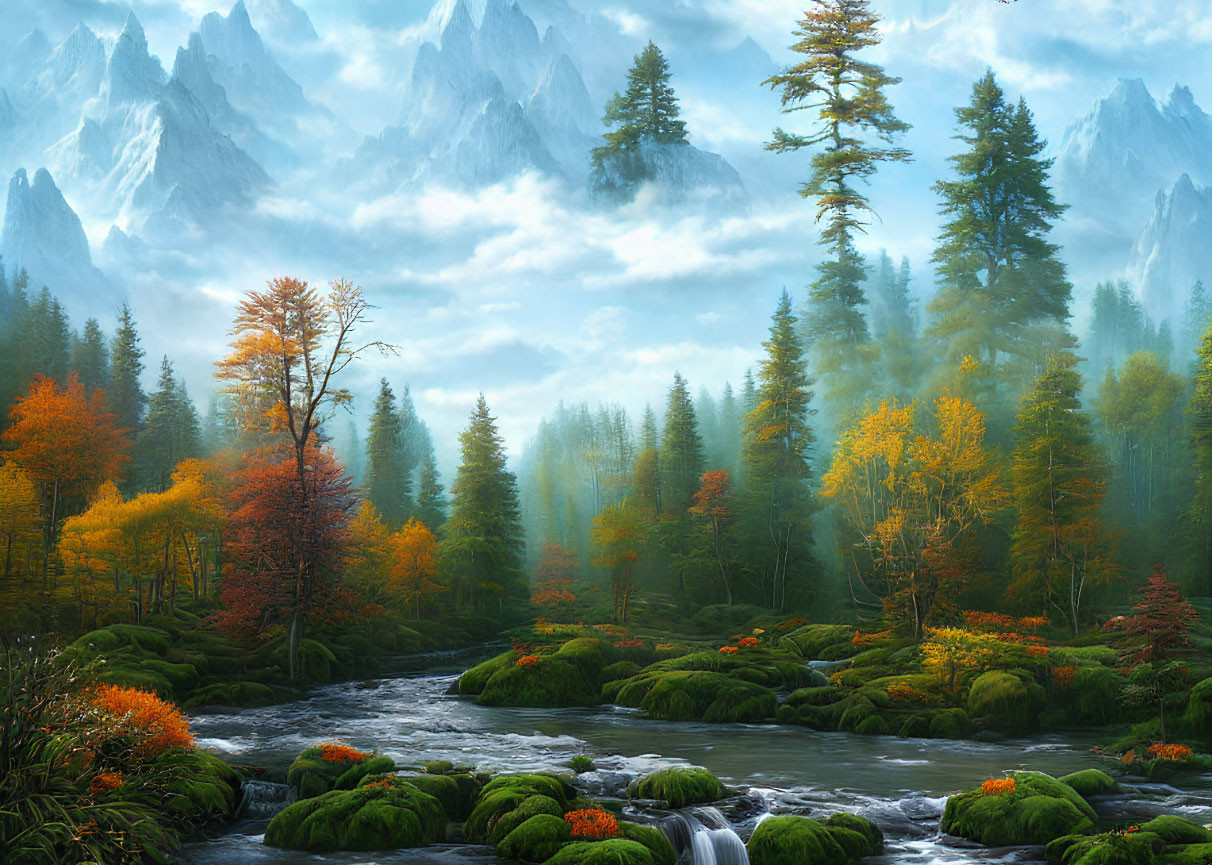 Vibrant autumn landscape with river, waterfalls, and misty mountains