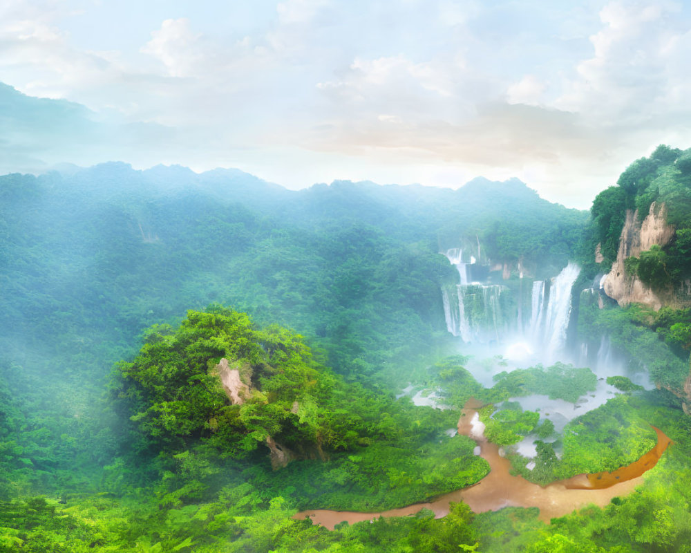 Tranquil landscape with greenery, waterfalls, river, and misty mountains