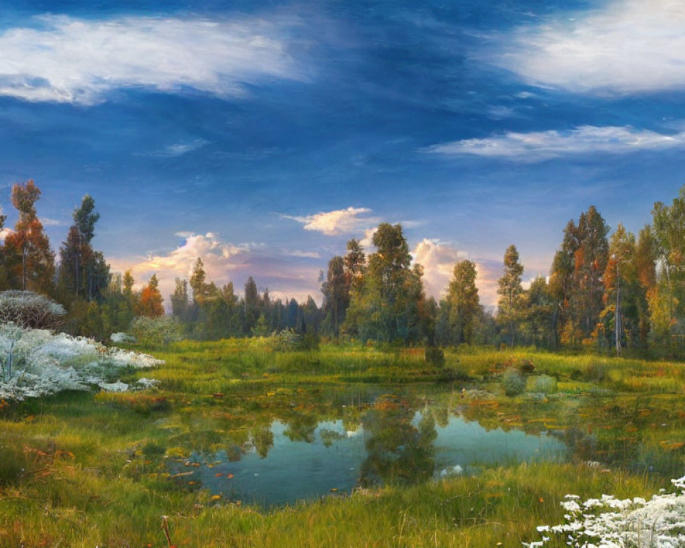Tranquil forest scene with pond under blue sky