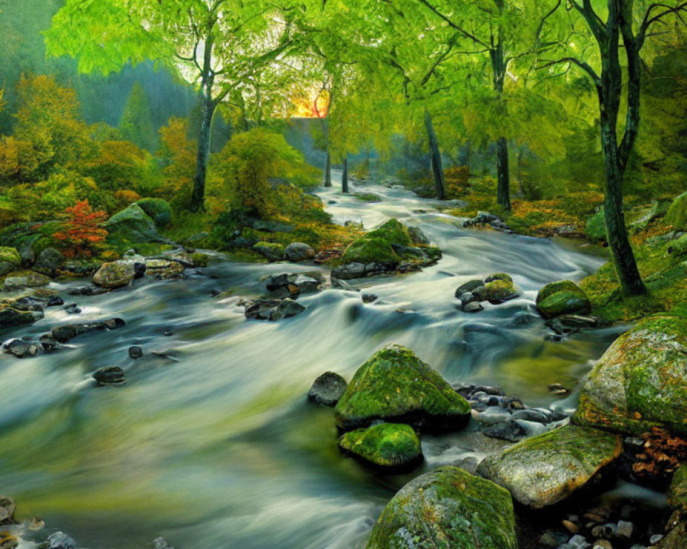 Tranquil forest scene with river, stones, and autumn trees