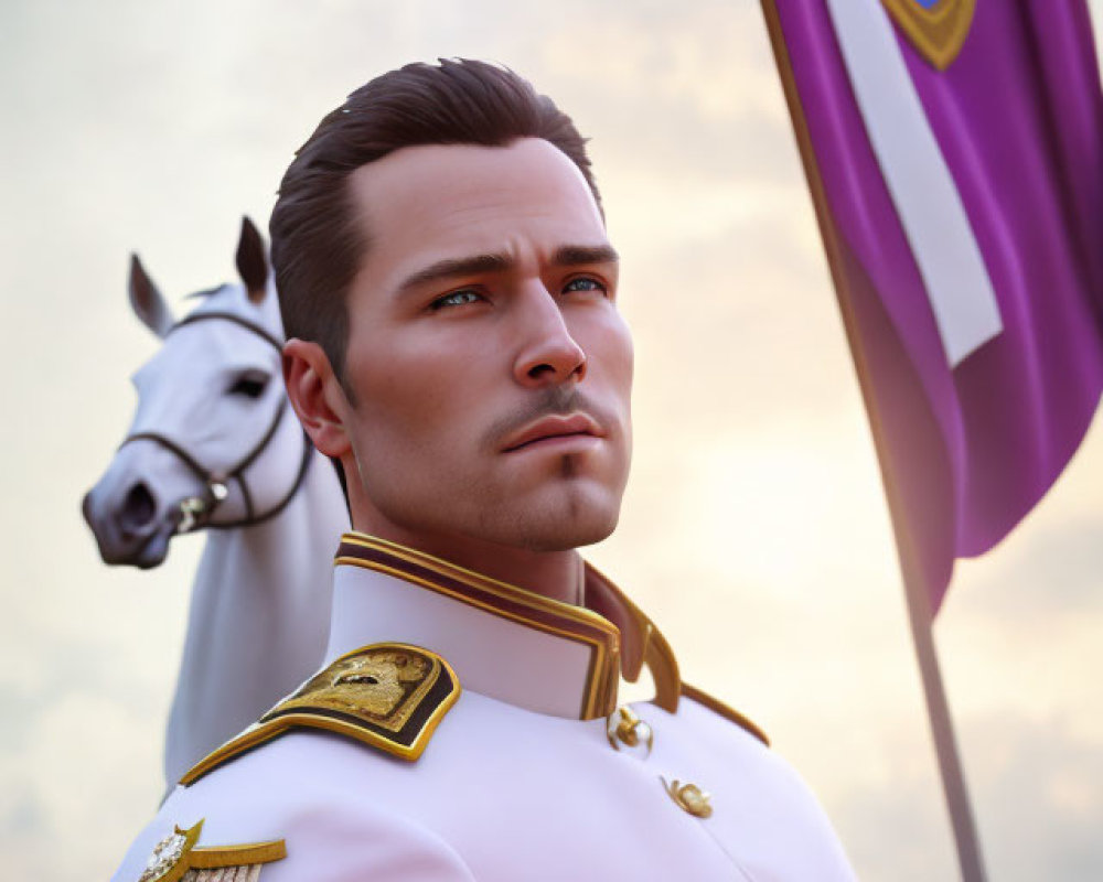 Digital illustration: Man in ceremonial military uniform with golden epaulettes, holding flag next to white