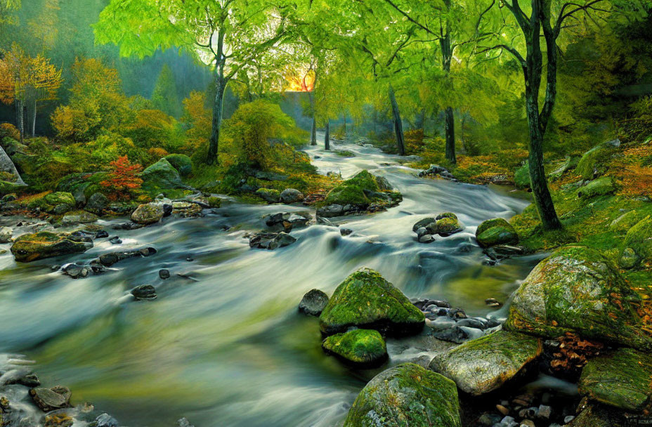 Tranquil forest scene with river, stones, and autumn trees