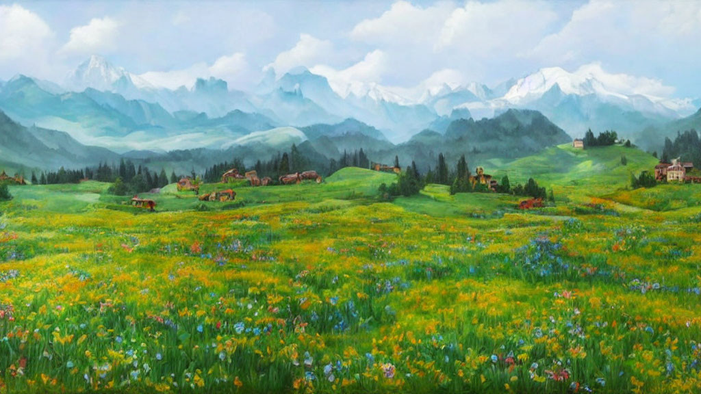 Colorful meadow painting with houses, mountains, and clouds