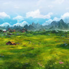 Colorful meadow painting with houses, mountains, and clouds
