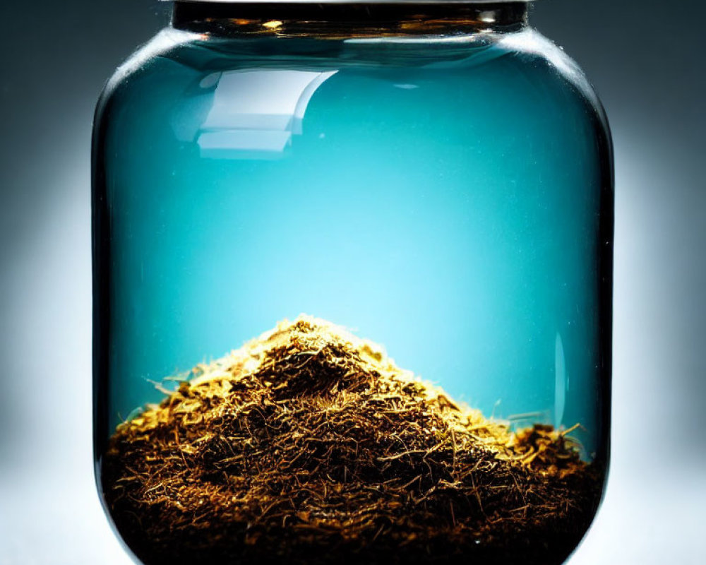 Glass Jar Filled with Tobacco Leaves on Soft Blue Background