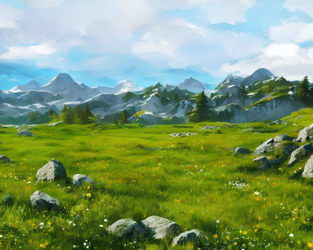 Digital painting: Lush green meadow with boulders, wildflowers, and mountains