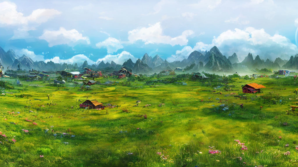 Panoramic fantasy landscape with lush fields and mountains
