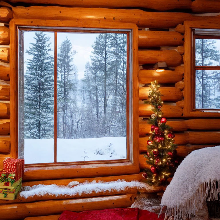 Snowy Christmas-themed log cabin interior with decorated tree and gifts