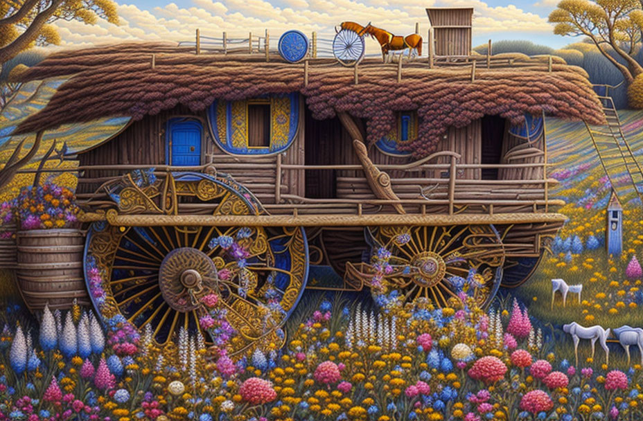 Detailed painting of whimsical wooden caravan in vibrant flower field.
