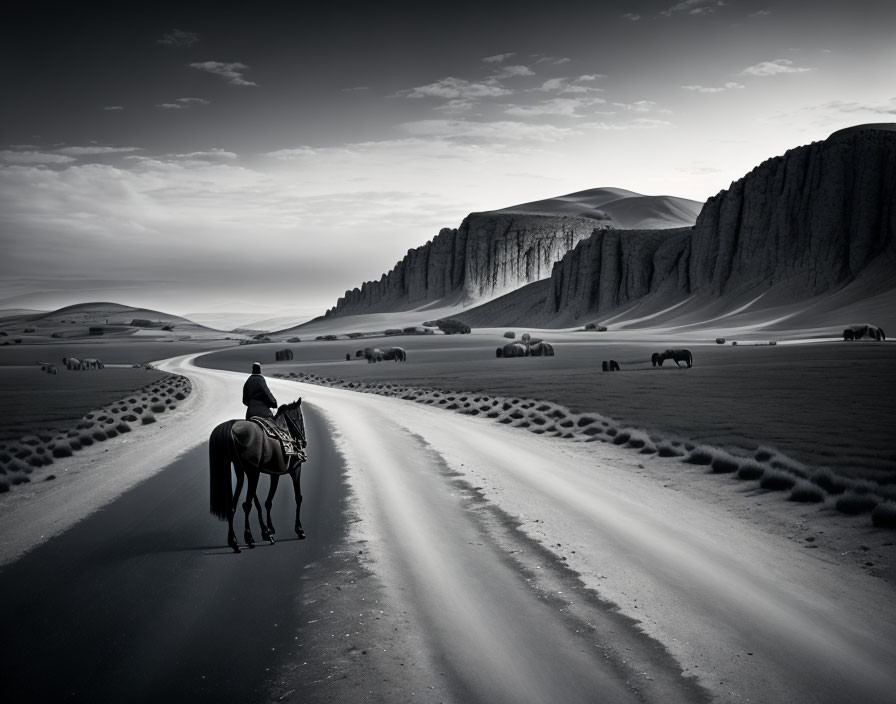 Lone rider on horse in monochromatic desert landscape