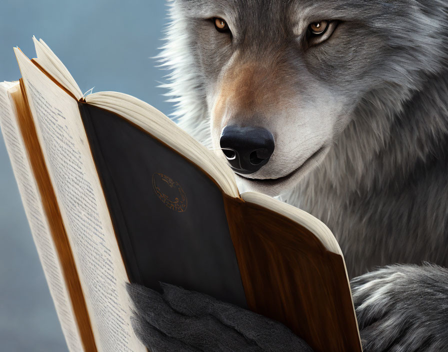 Wolf with human-like hands reading an open book closely